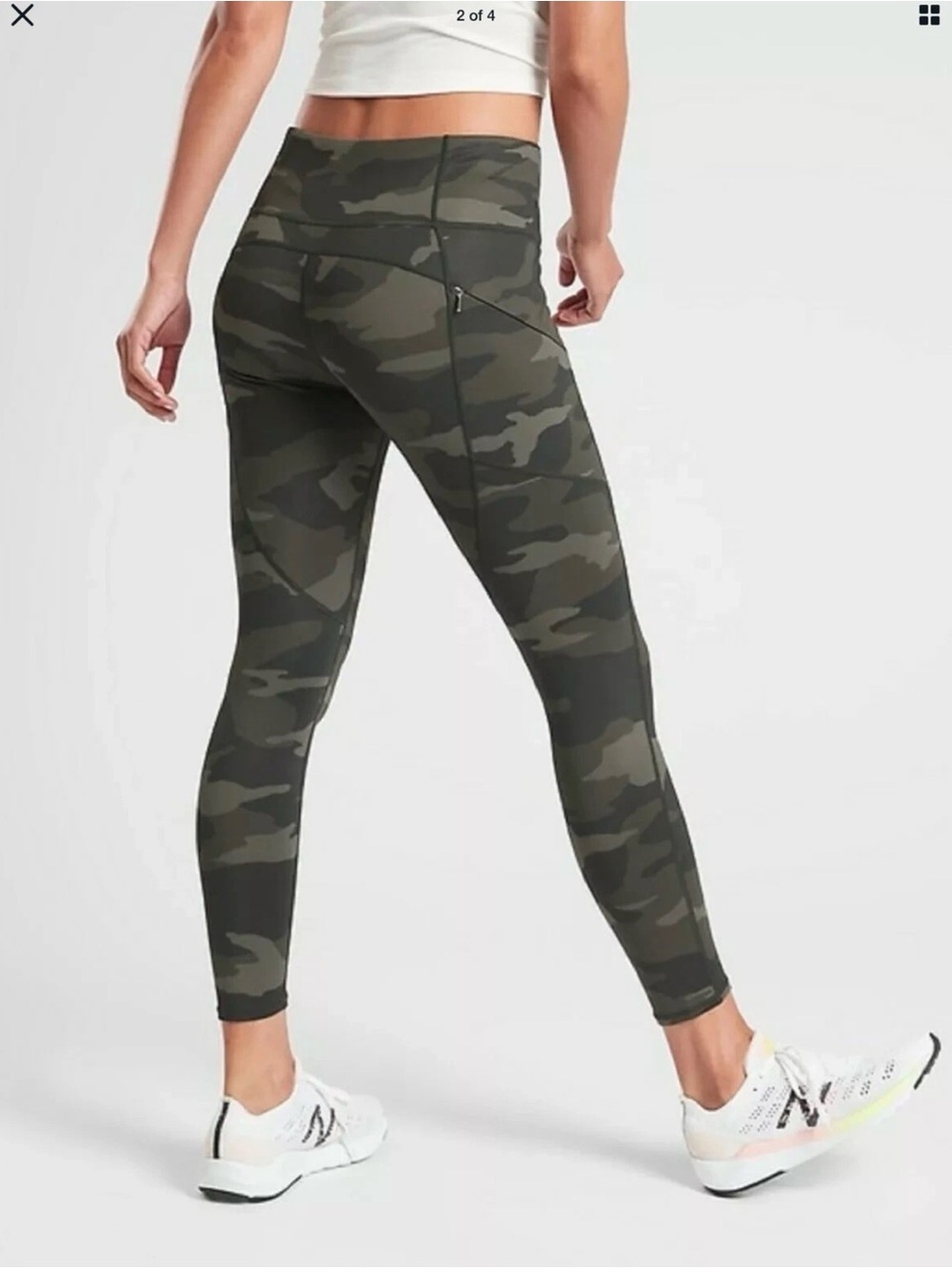 Athleta Green/Black Camo Ankle Pull On Activewear Leggings Zip Pocket Womens S